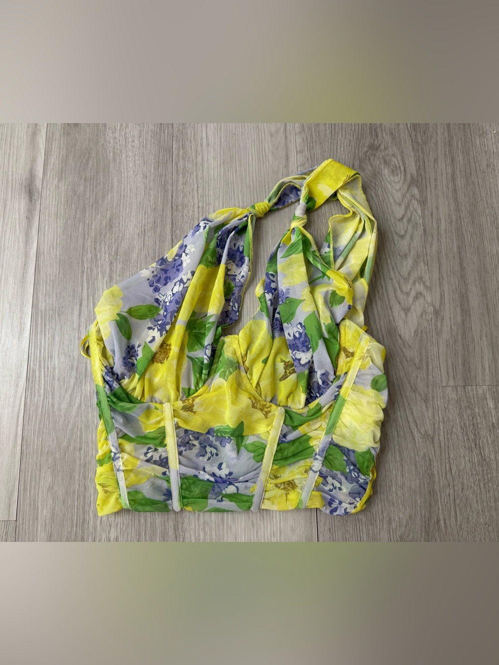 ZARA green Floral Mesh Asymmetrical one shoulder Boned Bustier Corset Top Size M